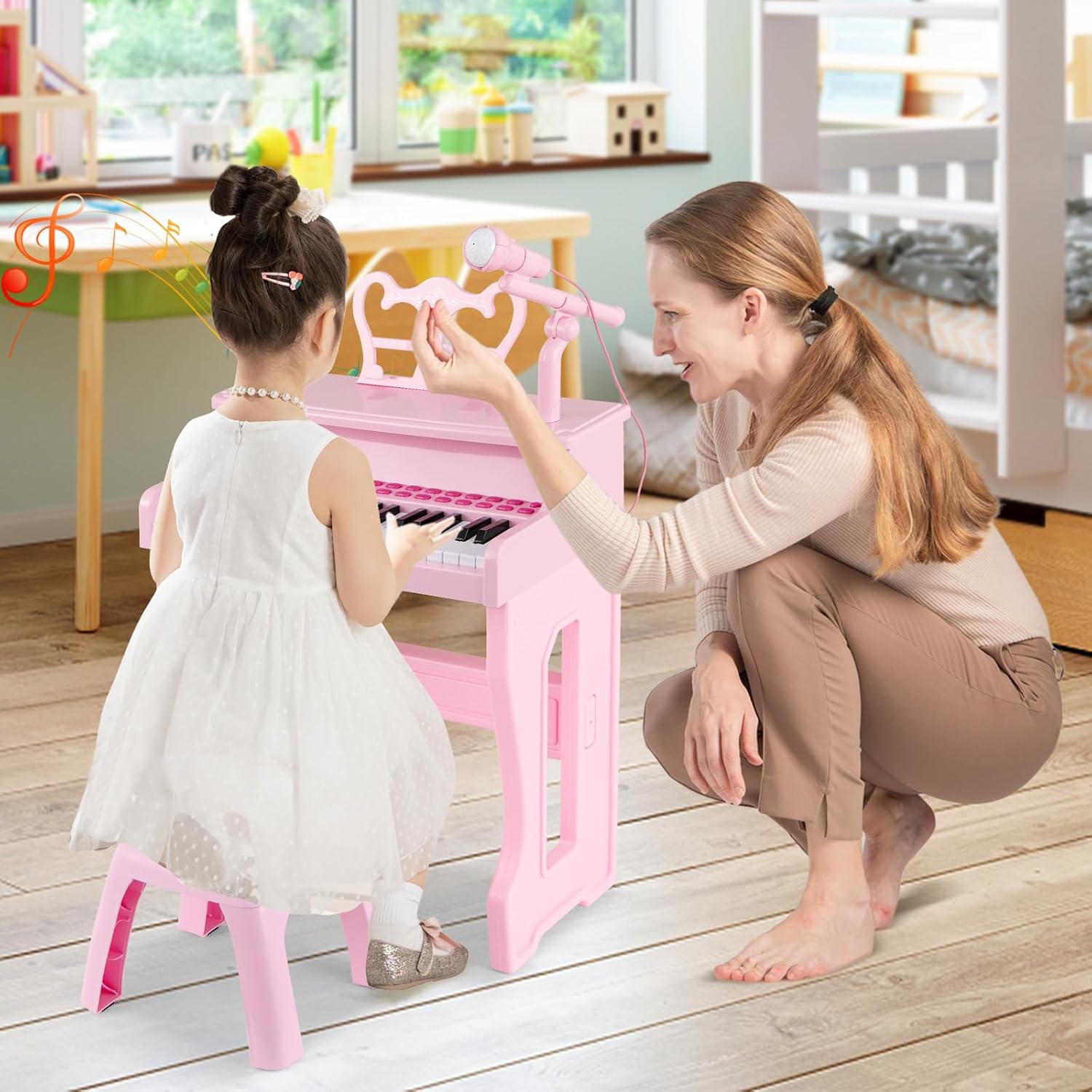 Costzon Kids Piano, 37 Key Toy Piano Keyboard with Microphone, Stool & Music Stand, Portable Electronic Educational Musical Instrument Toy, Birthday Gift for Toddler Boys Girls (Pink)