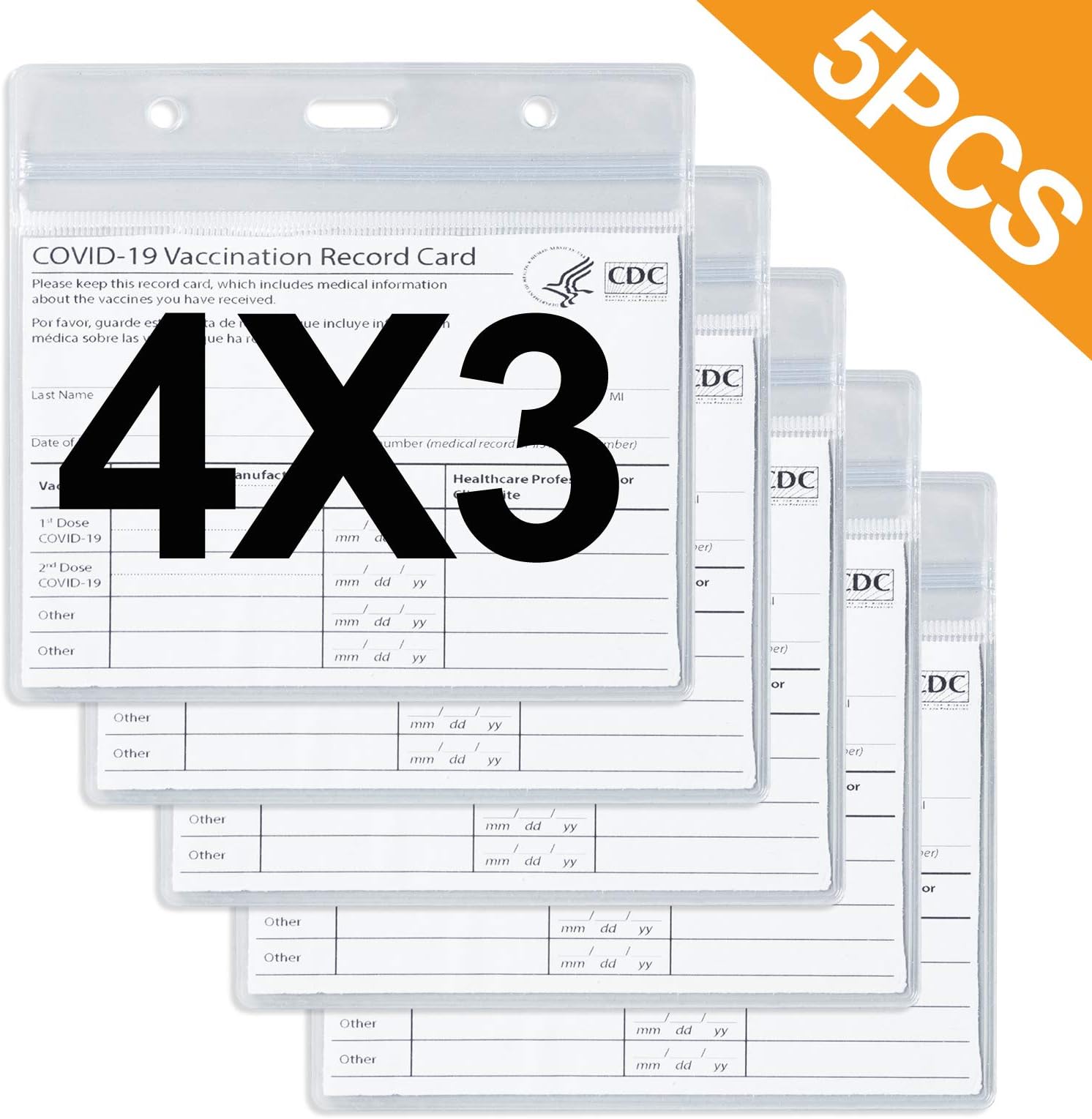 CDC Vaccine Card Protector 4 X 3 Inches Clear Vinyl Plastic Sleeve with Waterproof Type Resealable Zip (5PCS)