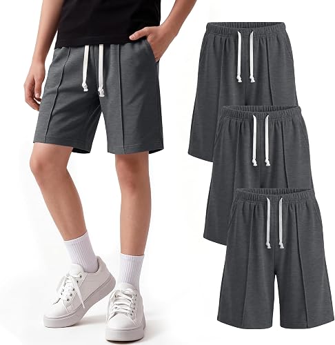 Vinsatin 3 Pack Boy's Shorts Kids Athletic Elastic Waist Sweat Shorts Teen Summe