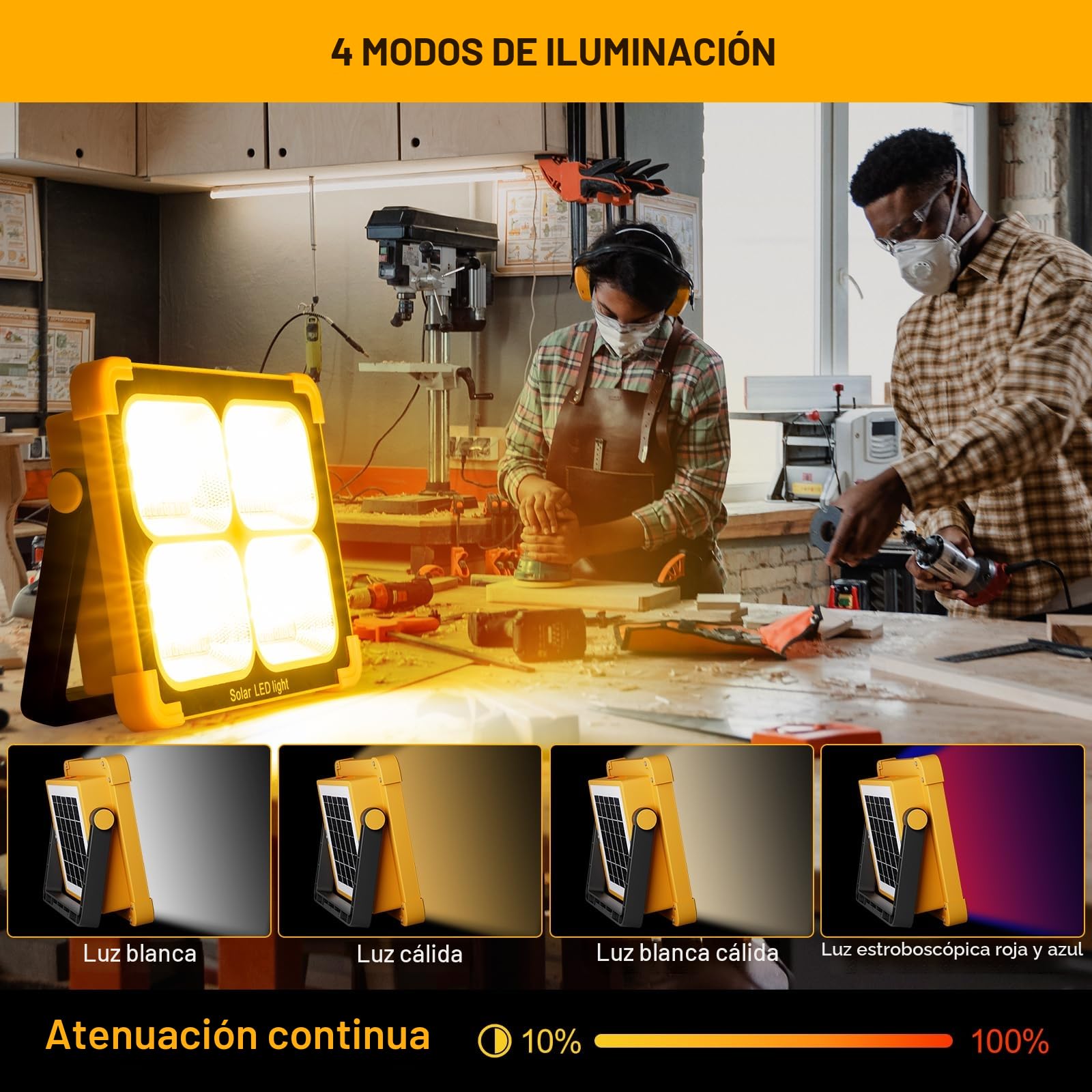 Foco Led Recargable 100W - Foco Led Bateria con Panel Solar - Luz de Trabajo Portátil 12000mAh 4 Modos de Luz Ideal para Camping Pesca Emergencias Garaje Taller
