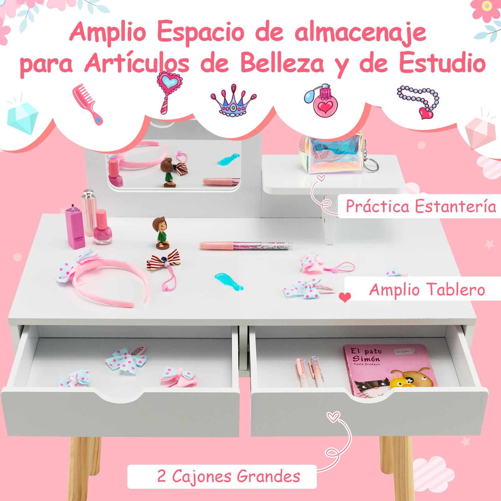RELAX4LIFE 2 en 1 Tocador de Maquillaje para Niñas 3-7 Años con Taburete, Escritorio/Tocador Niña de MDF con Espejo Extraíble, 2 Cajones y 1 Estante, Mesa Niños Infantil, Carga 20+40kg (Blanco)