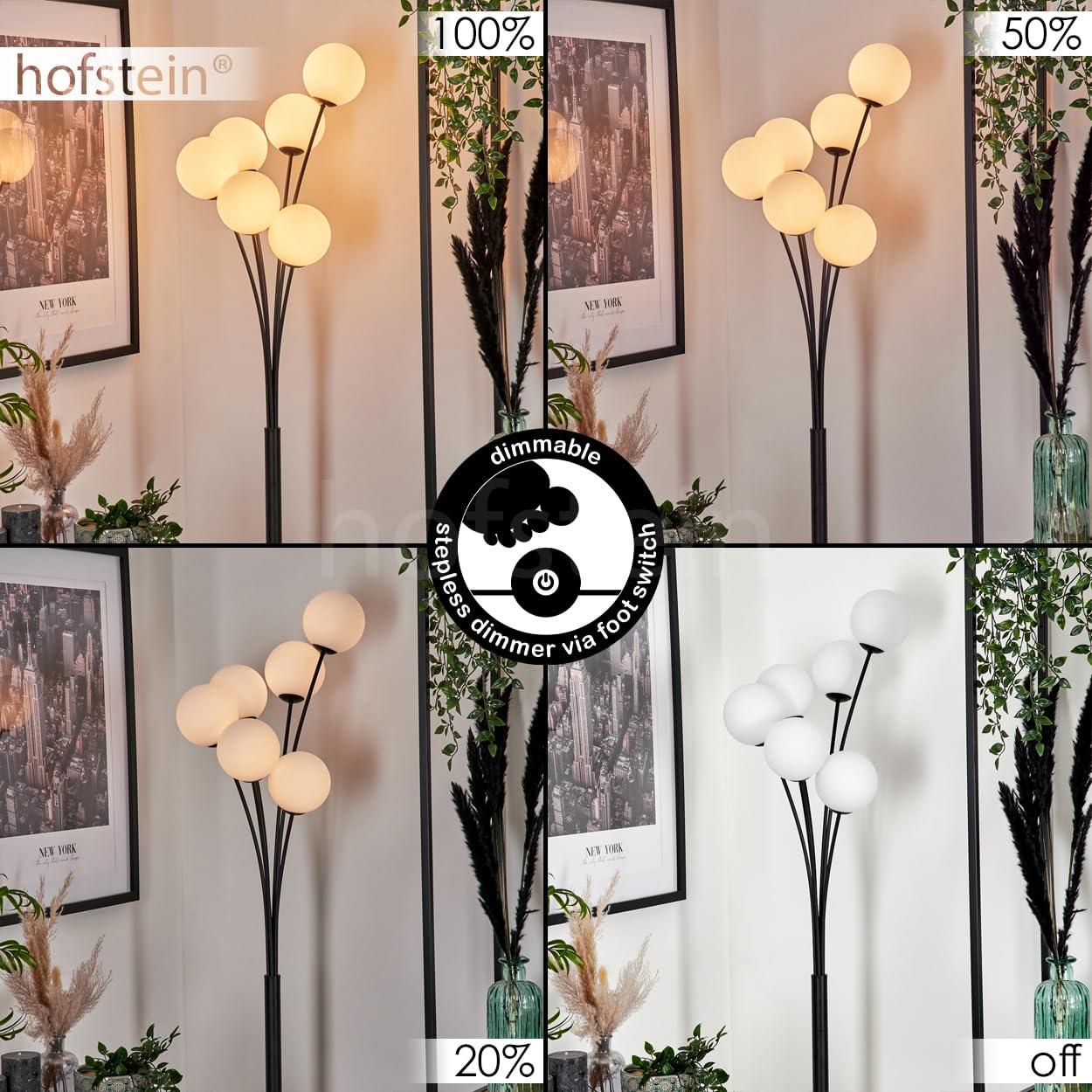 Staande lamp Bernado, staande lamp van metaal/glas in zwart/barnsteen/helder, lamp in modern retro/vintage design met glazen kap ( 12 cm), dimbaar via voetschakelaar, 5 x G9, zonder lamp Staande lamp Bernado, staande lamp van metaal/glas in zwart/barnsteen/helder, lamp in modern retro/vintage design met glazen kap ( 12 cm), dimbaar via voetschakelaar, 5 x G9, zonder lamp