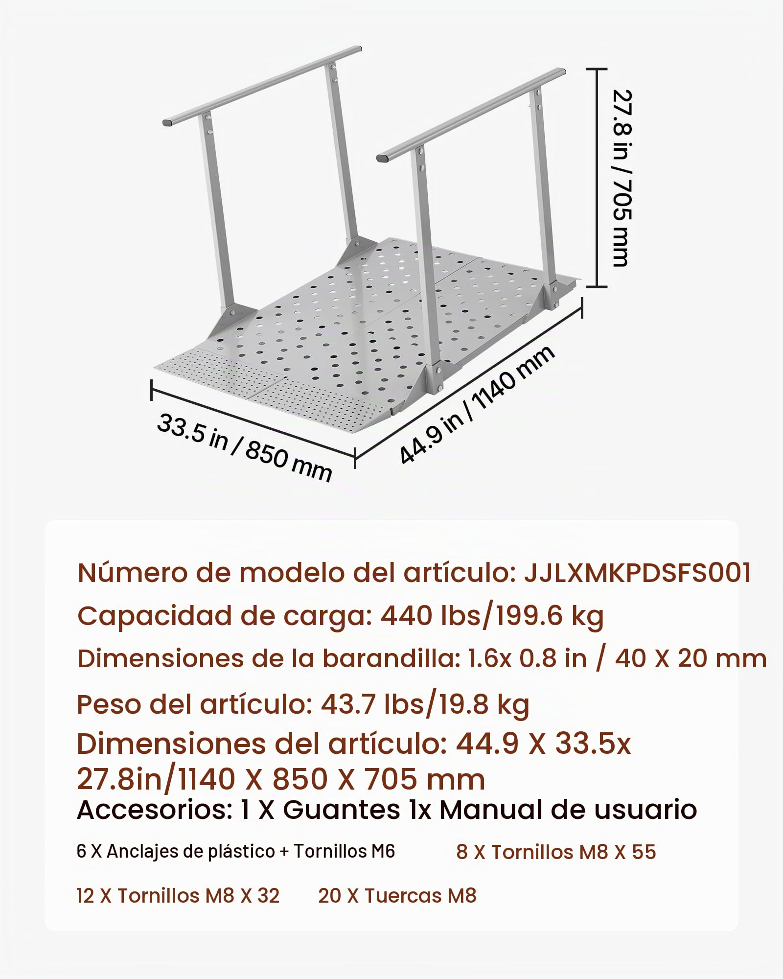 VEVOR Rampa para Silla de Ruedas con Pasamanos 1140 x 850 mm, Rampa de Umbral de Acier au CarboneAntideslizante, Capacidad de 199,6 kg para Escalones, Puertas, Bordillos, Scooters, Uso Residencial