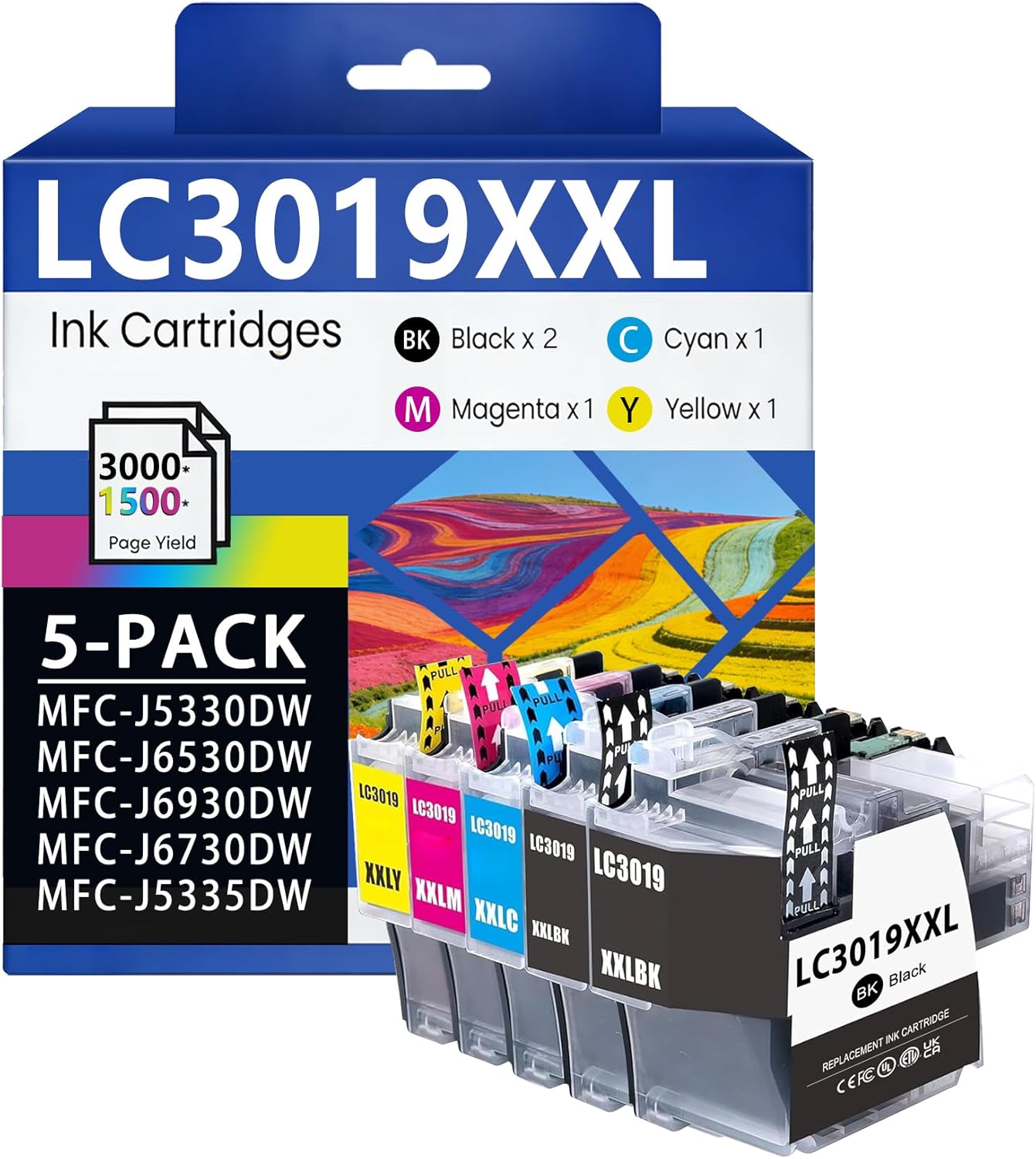 LC3019XXL Ink Cartridges High-Yield 5 Pack Replacement for Brother LC3019 XXL LC 3019-XXL LC3019 MFC-J5330DW MFC-J6530DW MFC-J6930DW MFC-J6730DW Printers (2BK/1C/1M/1Y)