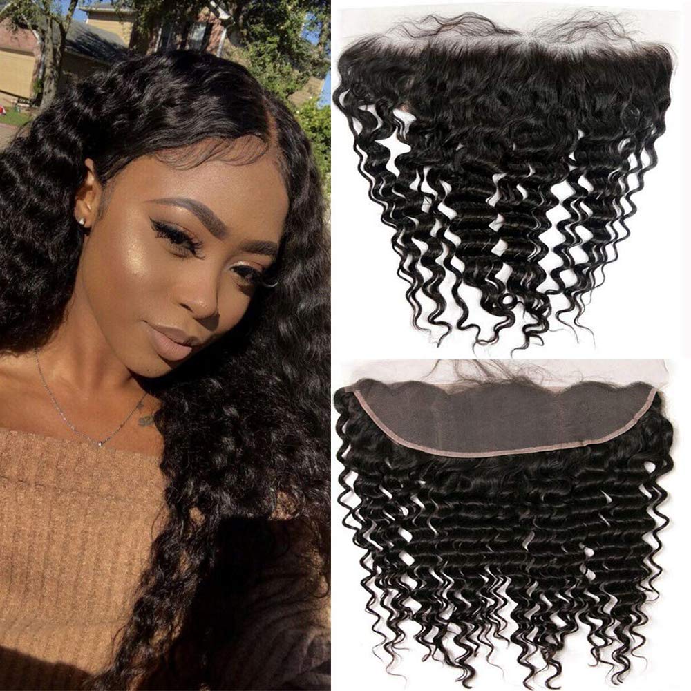 datanala Brazilian Virgin Human Hair Ear To Ear 13x4 Deep Wave Frontal Closure Brazilian Deep Wave Frontal Closure Top Swiss Lace Frontal Closure With Baby Hair natural color(16Inch, Deep Wave/13x4)