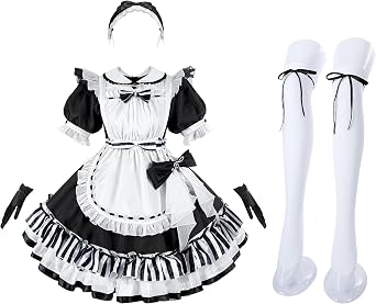 NSPSTT French Maid Outfits for Women with Gloves Headband Stockings - Maid Costume French Maid Dress Fancy Costume for Halloween