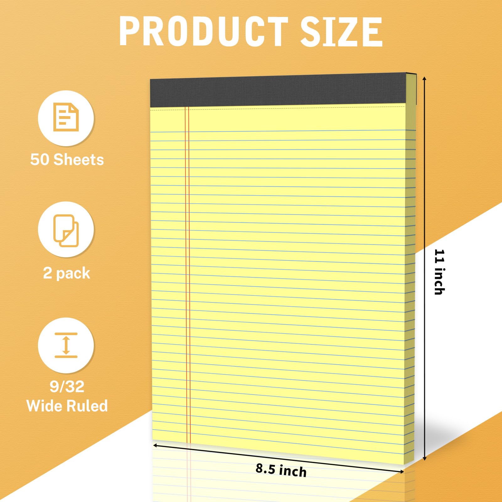 2 Stück 21,6 x 27,9 cm gelbe Notizblöcke, College-Schreibblöcke mit harter Rückseite, mikroperforierte Notizblöcke für Büro, Schule und Zuhause, 50 Blatt pro Block, ideal für Studenten, Lehrer und