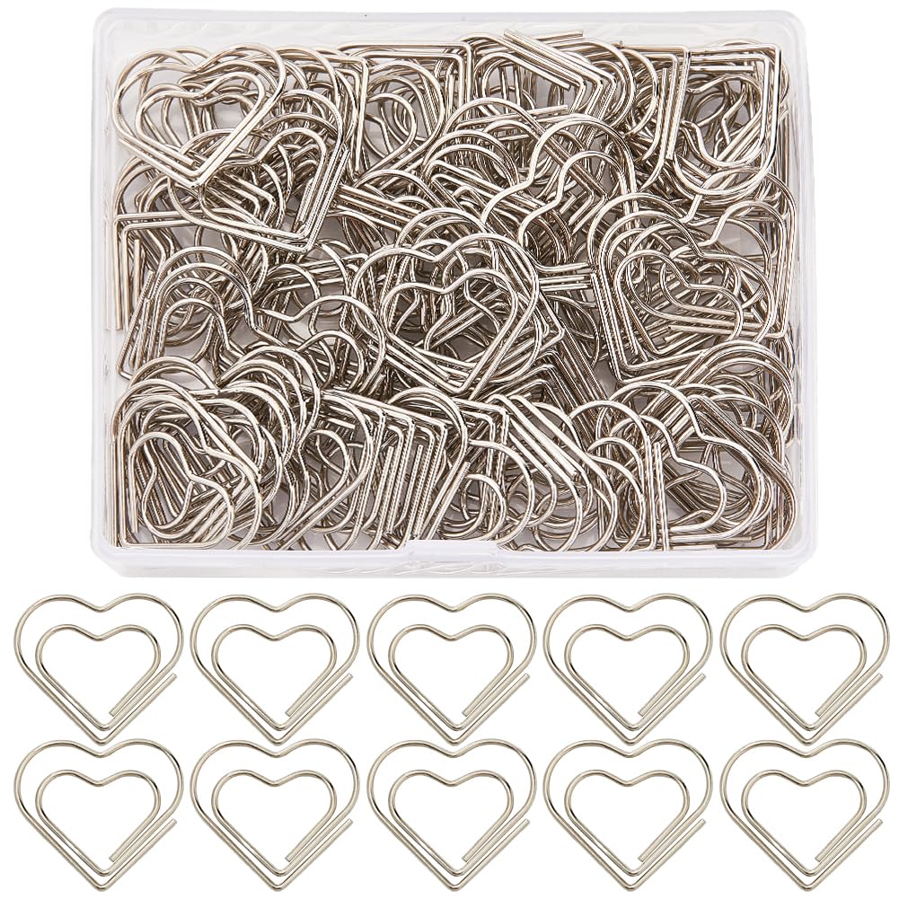 SOFPLATE 1 Box 100Pcs Mini Silver Heart Paperclips Cute Paper Clips Bulk Love Hearts Shaped Metal Journaling Paper Clamps Binder Clips Bookmarks for Document Sorting Organizers Wedding Office Supplies