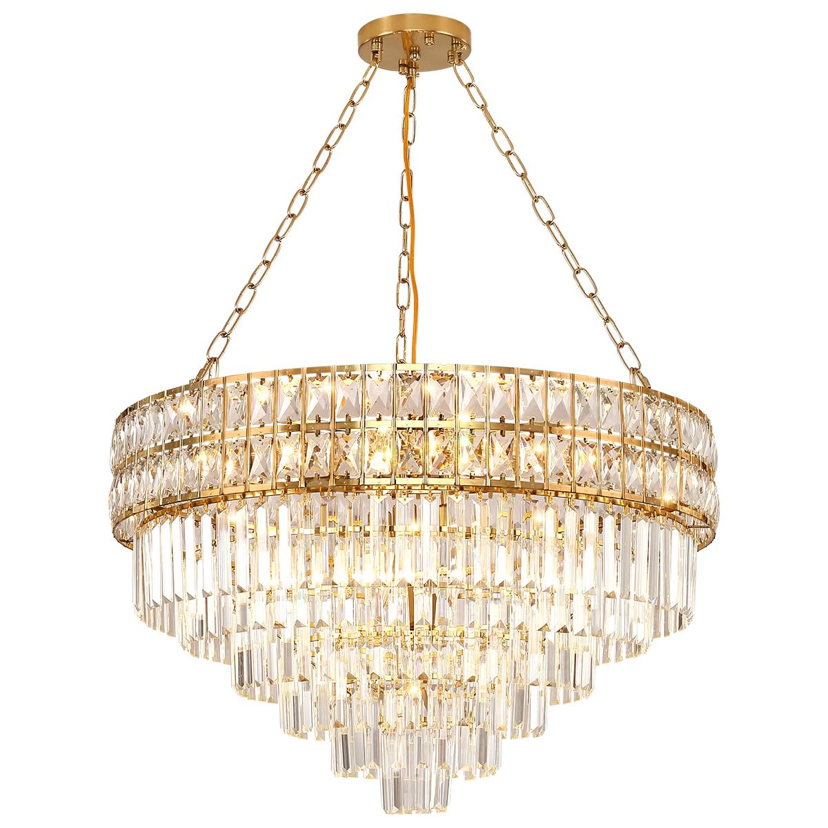 Lámpara de Araña Moderna de Cristal con Acabado Dorado, Lámpara Colgante Redonda de Cristal, Para Salón, Comedor, Restaurante, E14 x 15, Ø75cm