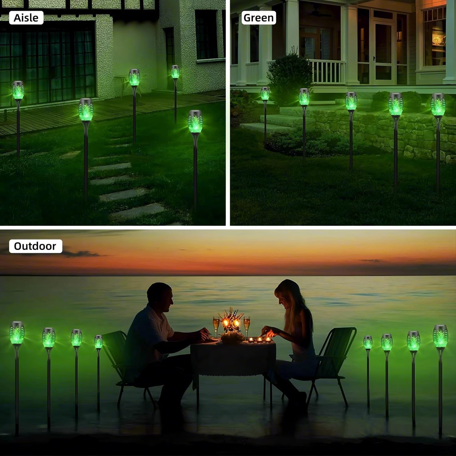 Solar-Flammenlicht für den Außenbereich, Gartendekorationen mit flackernder Flamme, IP65 wasserdicht, solarbetriebene Hoflichter für Rasen, Terrasse, Weg, Dekoration, 4 Stück (grün)