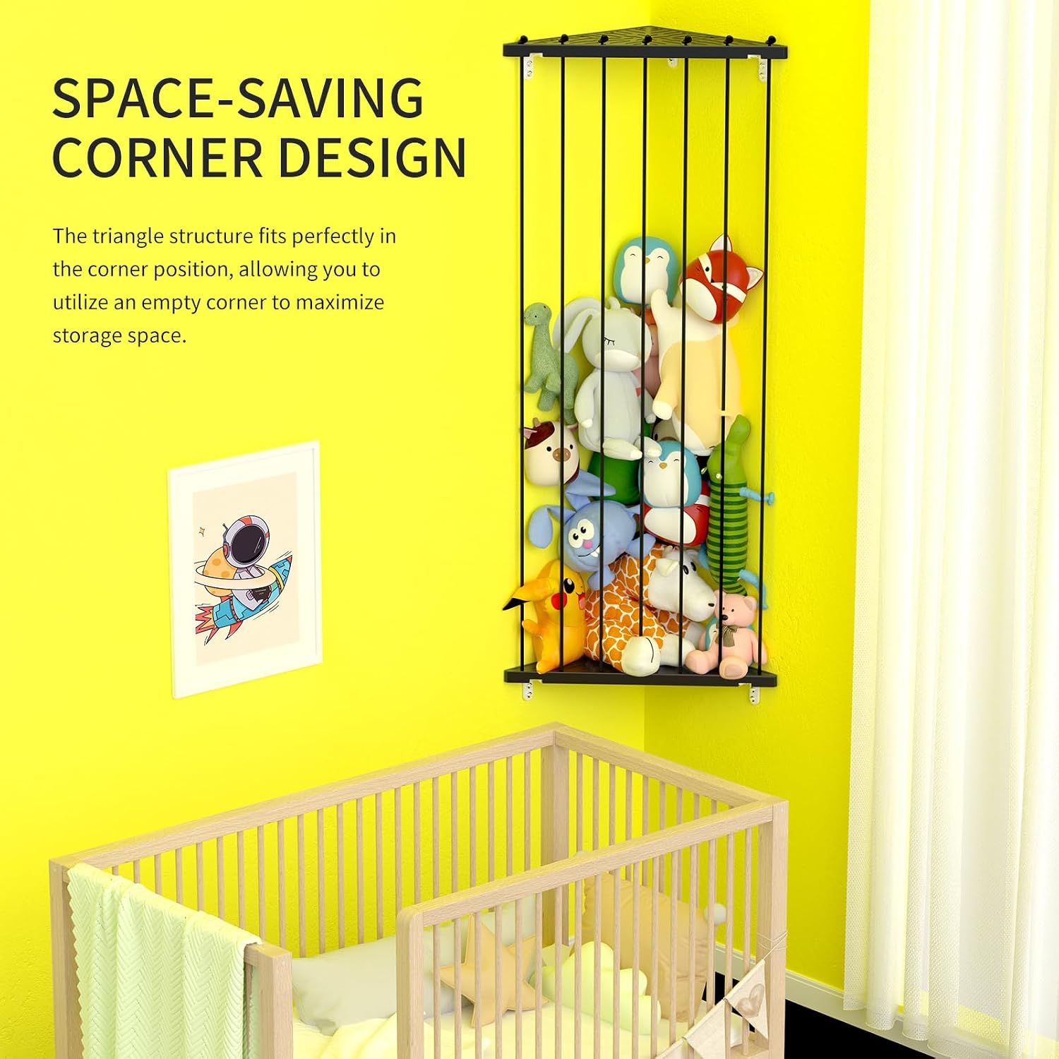 Stuffed Animal Storage Shelf Organizer(Patented) - Corner Stuffed Animal Holder Length Adjustable - Wall Plush Storage for Nursery Playroom Bedroom Kids Room (Space Black, Standard)