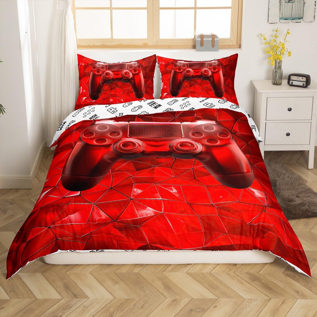 Loussiesd Gamer Gaming Bettwäsche Set 135x200cm Rote Wabe Betten Motorrad Wabe Bettbezug 3D Effekt Bettwäsche-Set Hexagonal Moderne Kunst