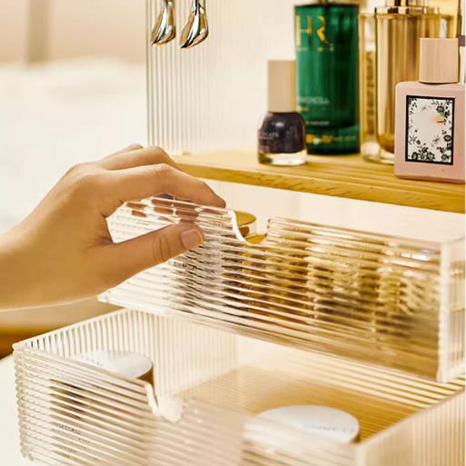 Boîte de rangement pour le maquillage Organizador de maquillaje acrílico para tocador, organizador de escritorio multifunción con 2 cajones y gabinete de almacenamiento, organizador de baño