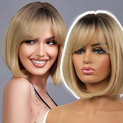 EMMOR Peluca rubia Bob con flequillo de 13 pulgadas para mujer, peluca corta rubia con raíces oscuras, peluca sintética resistente al calor, aspecto