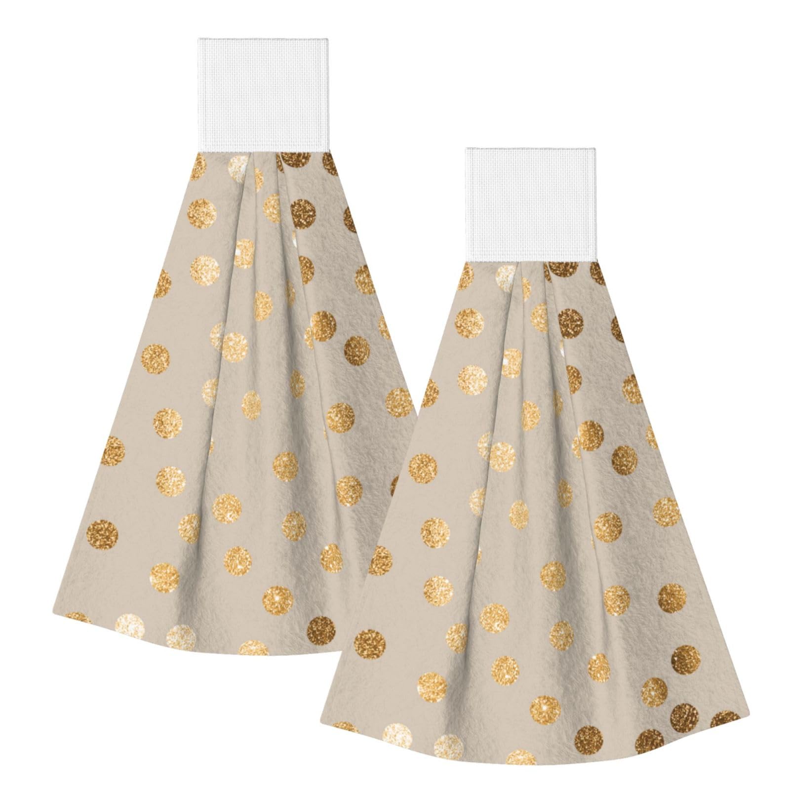 DOPKLNA Beige And Gold Glitter Polka Dot, 2 Pcs Hanging Coral Fiber Hand Towels for Bathroom, Absorbent Kitchen Towels