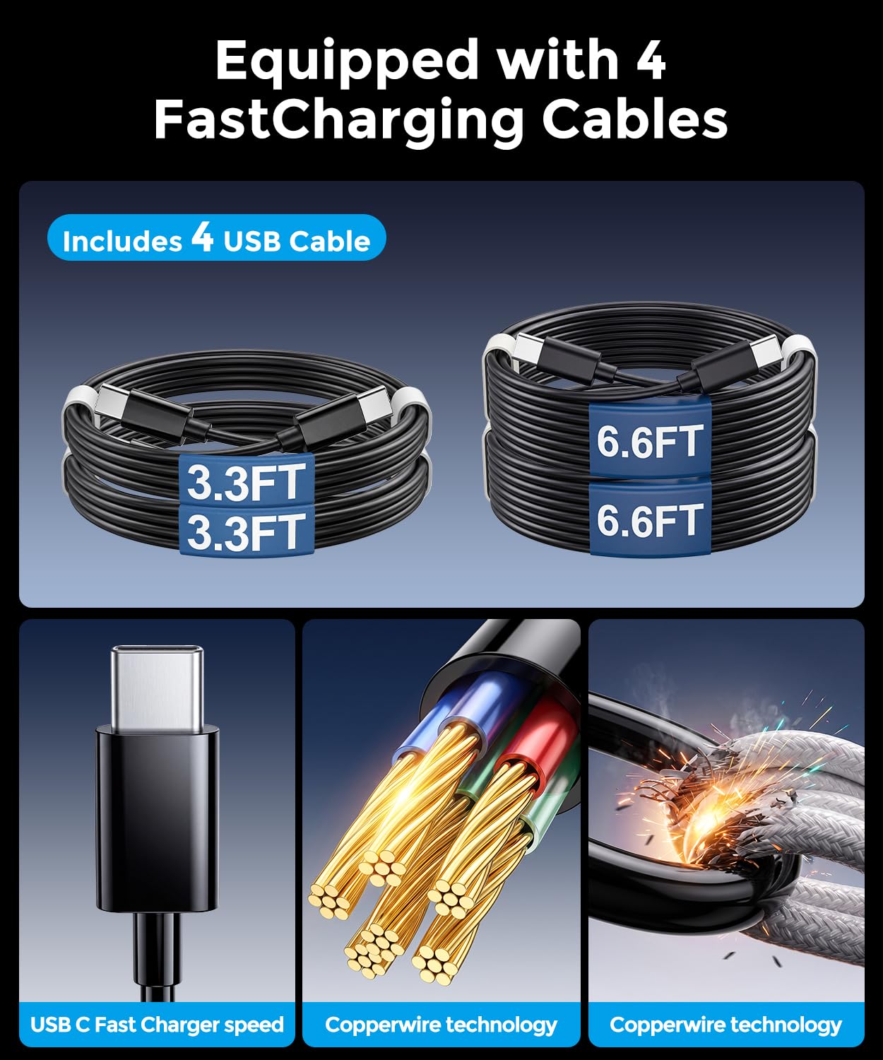 Estación de carga USB C de 10 puertos con 4 cables, bloque de carga GaN tipo C de 200 W