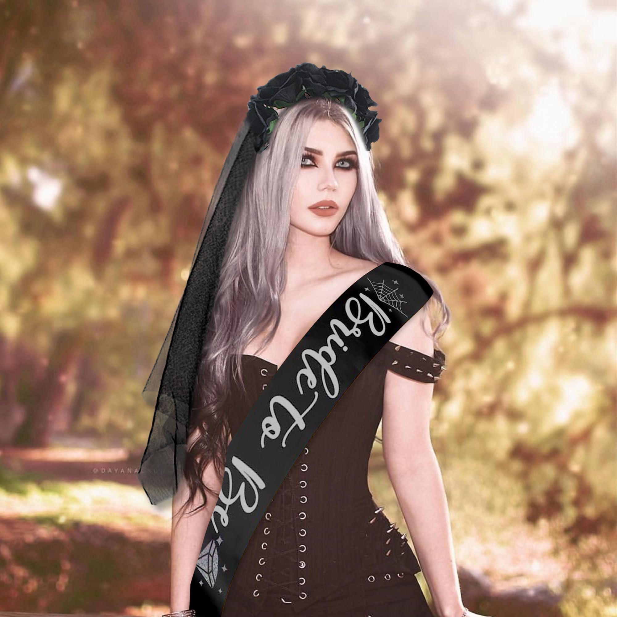 JeVenis goth bride to be sash gothic rose flower headband 