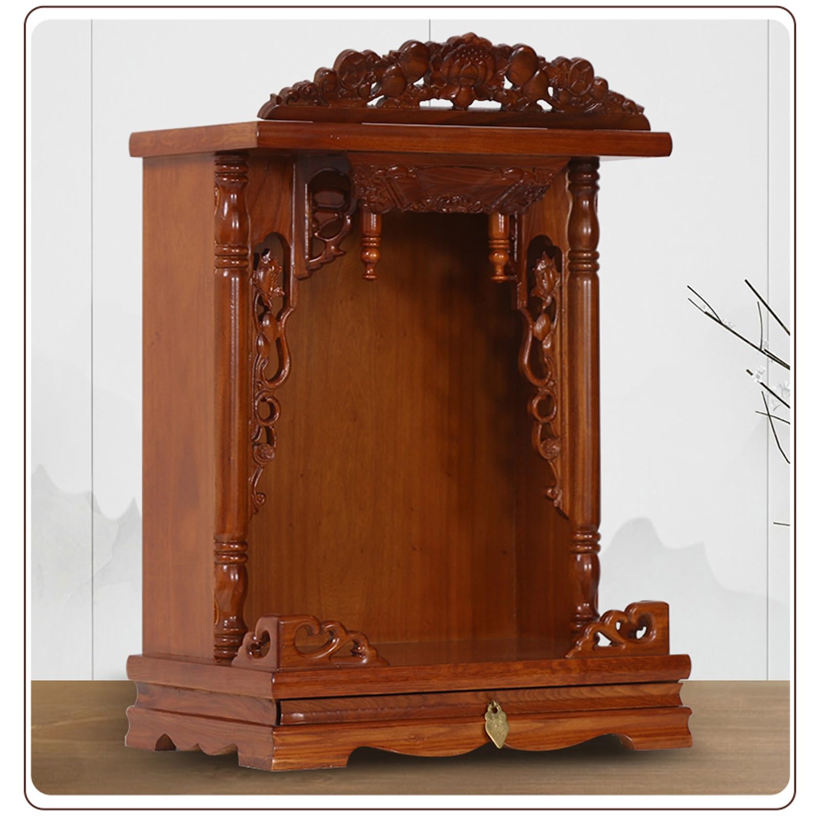 JNTFNE Wall mounted solid wood Buddha Altar,Household Cabinet Niche,mini buddhist shrine with Drawer for Pooja and Incense Tribute(Yellow wood,Large)