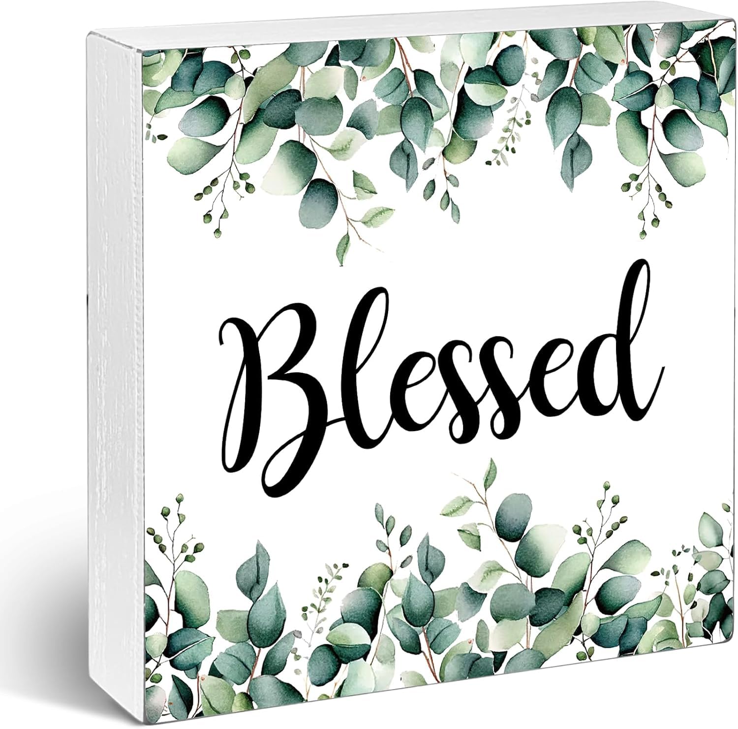 Pibonto Men's Desk Decor 5X5 Inch Blessed Signs For Decor, Wooden Box Sign Blessed Decor, Home Signs, Leaves Wood Block Plaque, White Wood Sign Sign,Decor Box Office Tabletop Shelf Decor