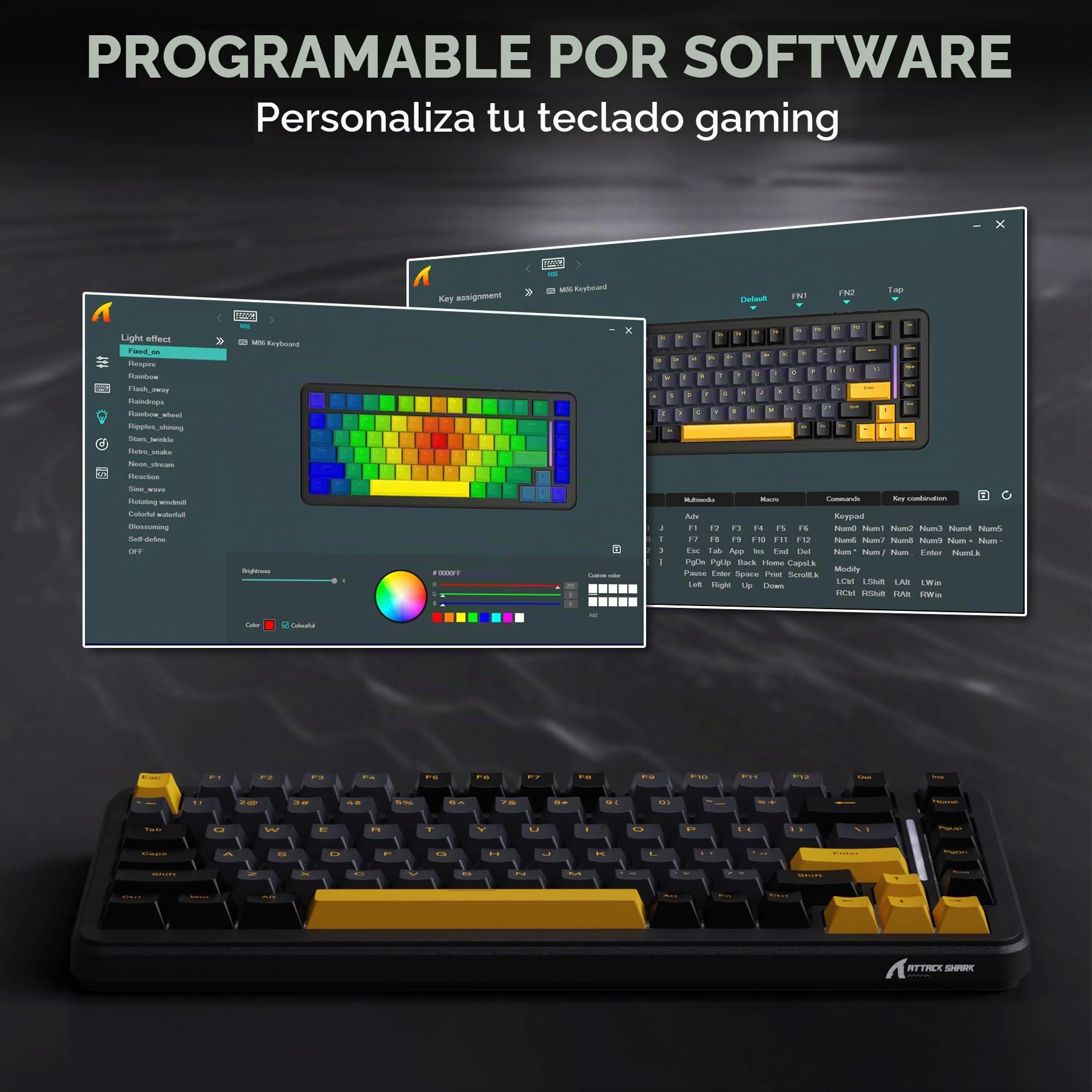 ATTACK SHARK M86 Teclado Mecánico Gasket, Teclado para Juegos RGB Inalámbrico Tri-Mode (BT/2.4G/USB-C) al 75%, Teclado Intercambiable en Caliente, Interruptores Lineales, 4000mAh - Queso Negro Frío