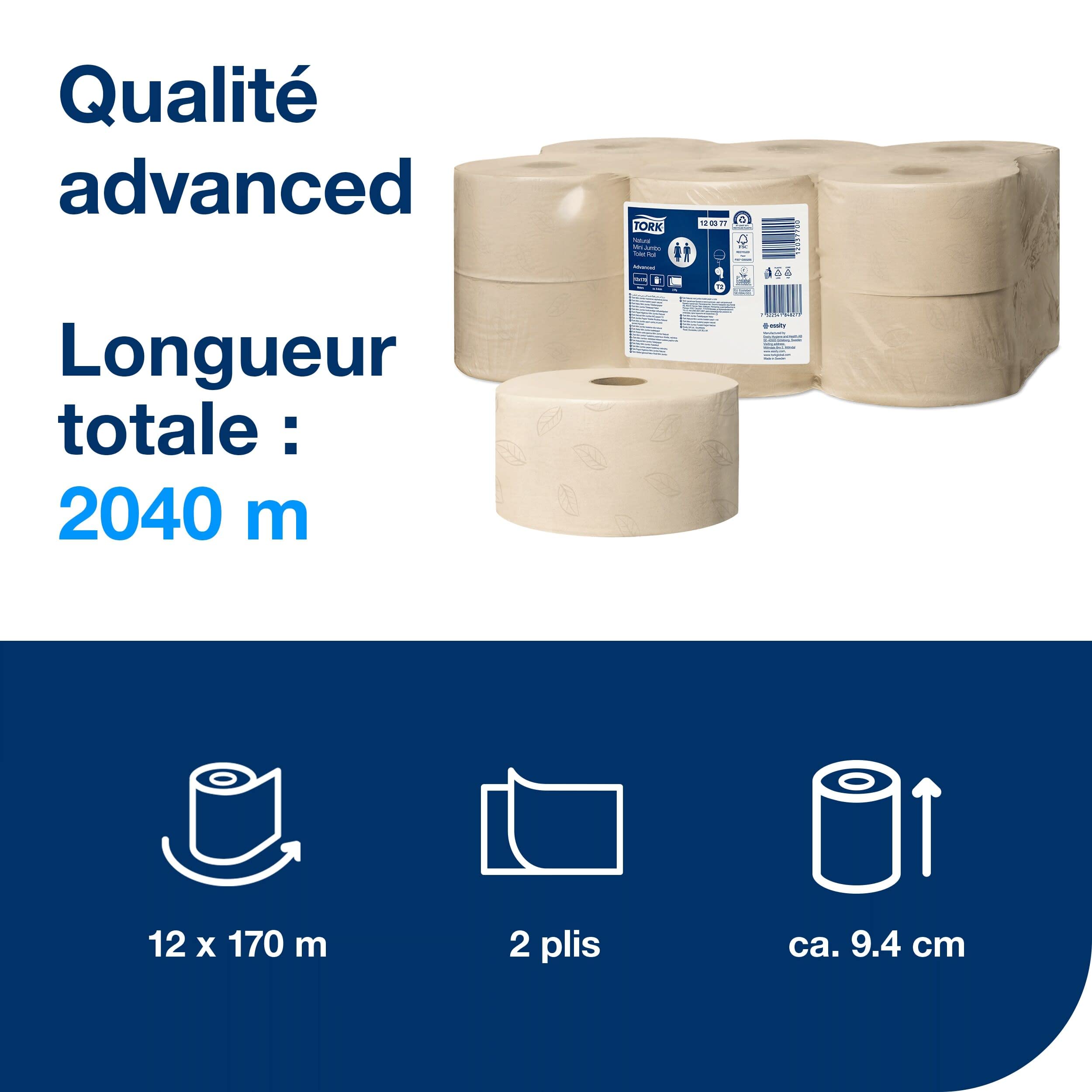 Tork Mini rouleau de papier toilette jumbo naturel T2, Advanced, 2 plis, 12 x 170 m, 120377