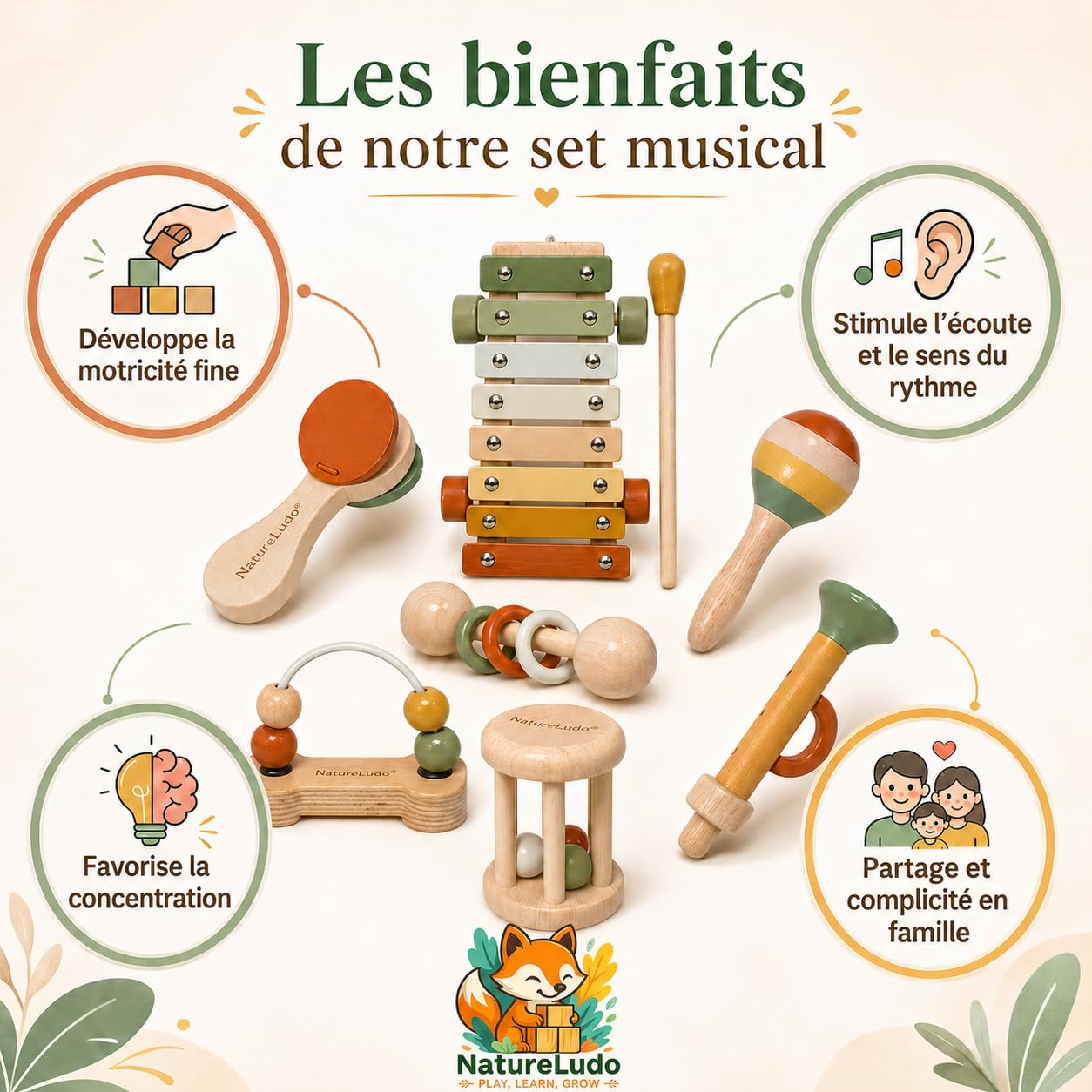 Instruments de Musique Enfant en Bois - 7 Pièces Montessori | xylophone maracas bébé - idée cadeau noël et anniversaire dès 3 ans