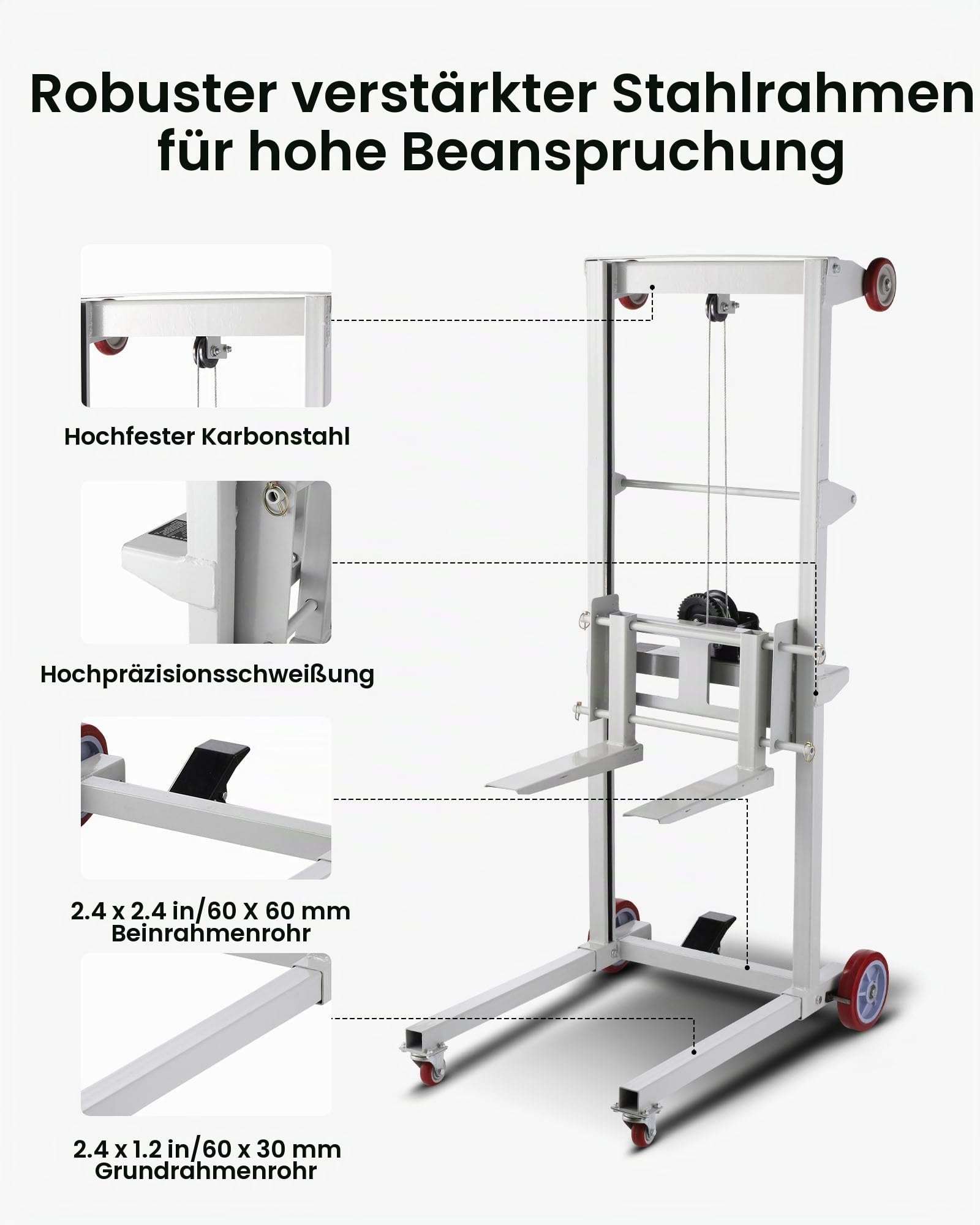 VEVOR Palettenstapler, 250 kg Tragkraft, Hubwagen 178 cm max. Hubhöhe, manueller Palettenstapler mit Rädern, multifunktionaler Materiallift, manueller Palettenwagen mit Verstellbarer Gabel