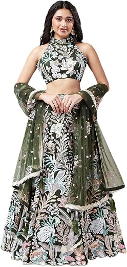 Zeel Clothing Women's Net Sequins Embroidered Soft Net Semi Stitched Lehenga Choli With Dupatta (6032-Green-Wedding-Stylis...