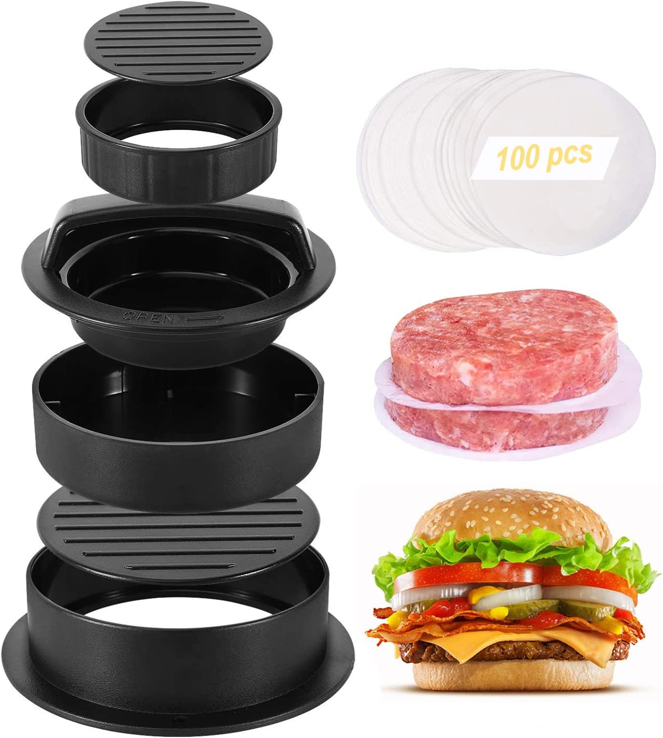 Geweo Burger Press with 100 Wax Paper,3 in 1 Nonstick Hamburger Patty Maker for Perfect Round and Delicious Stuffed Burgers…