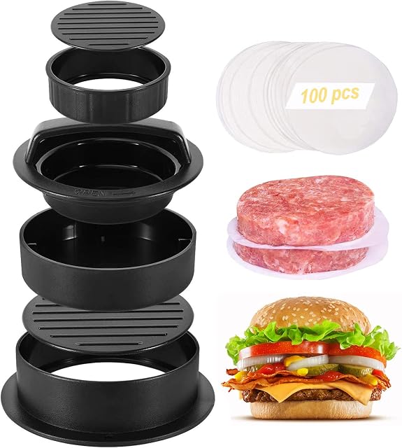 Geweo Burger Press with 100 Wax Paper,3 in 1 Nonstick Hamburger Patty Maker for Perfect Round and Delicious Stuffed Burgers