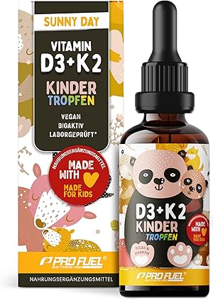 Vitamin D3 + K2 KINDER Tropfen 1000x für 333 Tage - mit 650 IE Vitamin D3 + 20 µg bioaktives Vitamin K2 MK7 (Pharmaquinone®) - Immunsystem & Knochen - laborgeprüft mit Zertifikat - 100% vegan