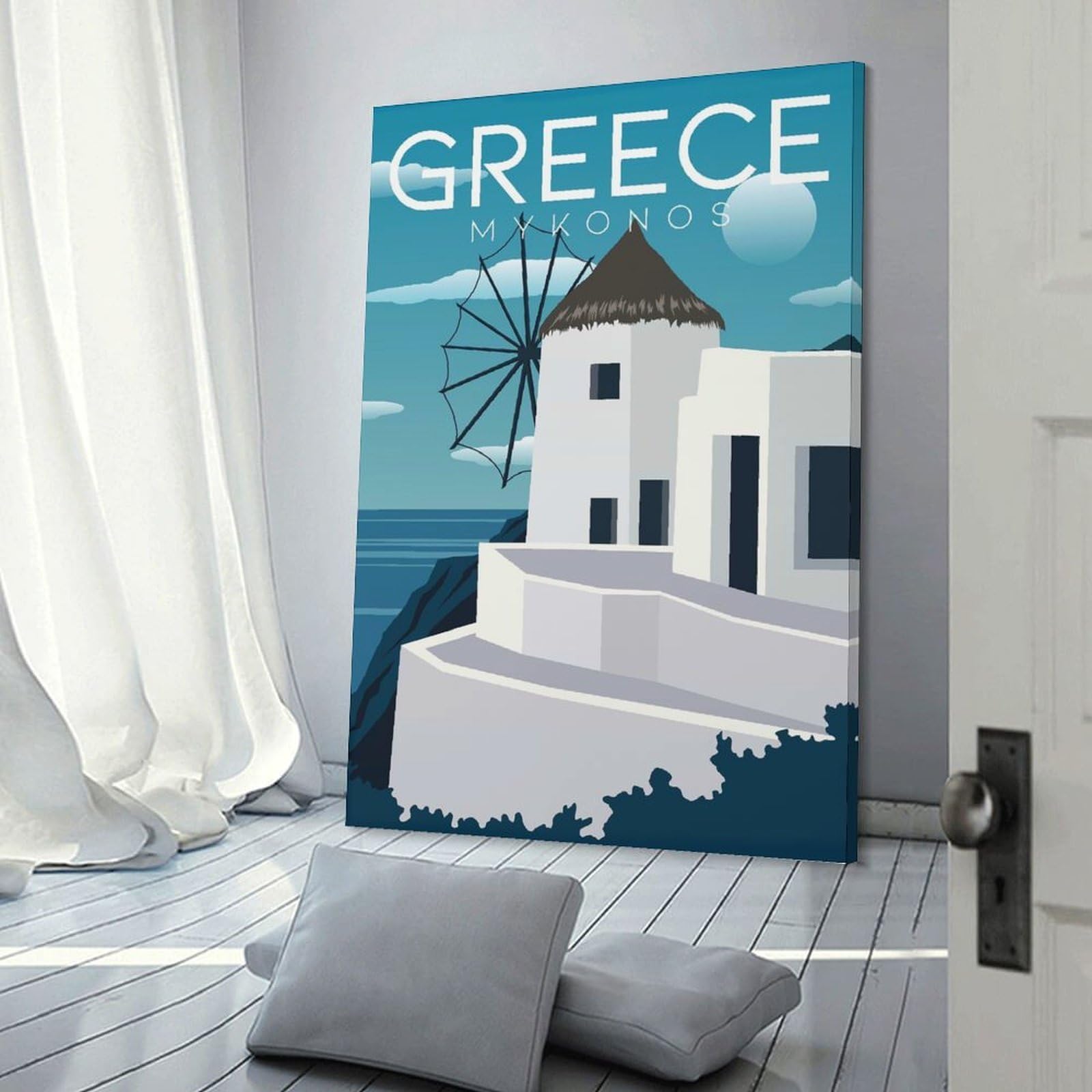 Junmoney Hanging Wall Art Mykonos Windmill Greece, 20x30inch(50x75cm), for Wall Displays, Bedrooms Or Room Updates, Decorative Artwork with Flexible Styling