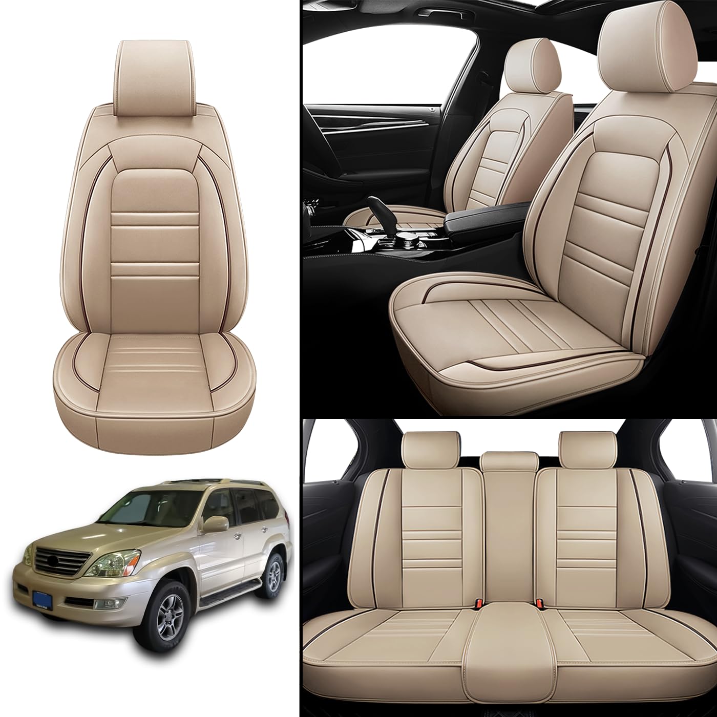 PACKMACH Seat Covers for Lexus Car gx470 2003-2009, 5-Seats Leather Seat Covers, Easy to Install Automotive Seat Covers Full Set (Full Set, Beige)