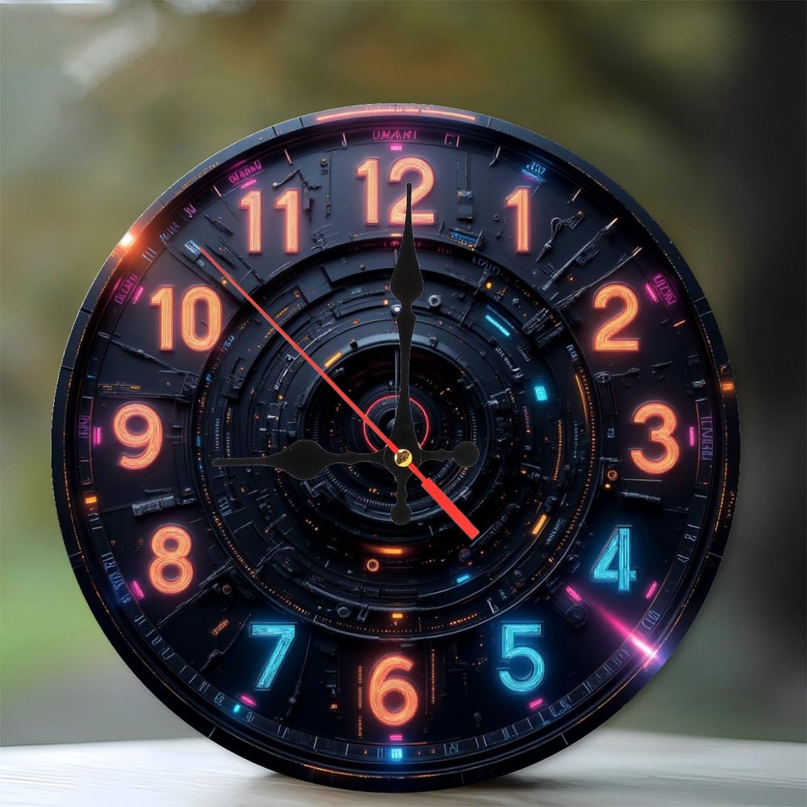 Futuristic Neon Clock Wall Art Decor Wall Clock Battery Operated 10 Inch,Frameless Wooden Wall Clocks with Silent Quartz Movement,Clocks Decorative for Bathroom Kitchen Living Room Bedroom