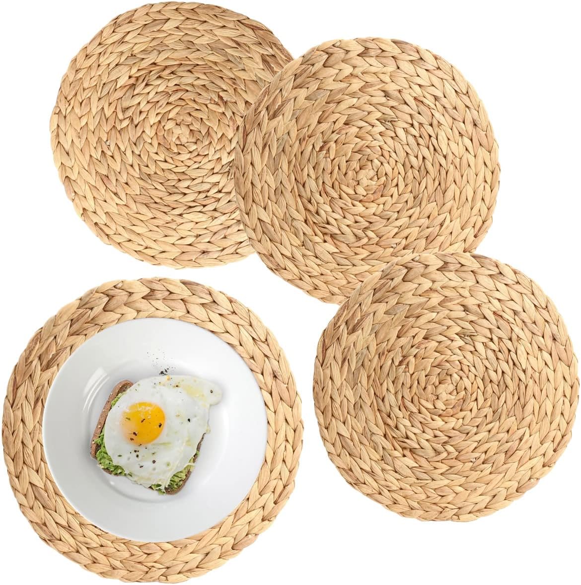Round Woven Placemats Set of 4 (Diameter: 14 inches), Water Hyacinth Straw Braided Placemat for Dining Table, Heat Resistant Non-Slip Weave Placemats Handmade(Set 4, 13.5 inches)