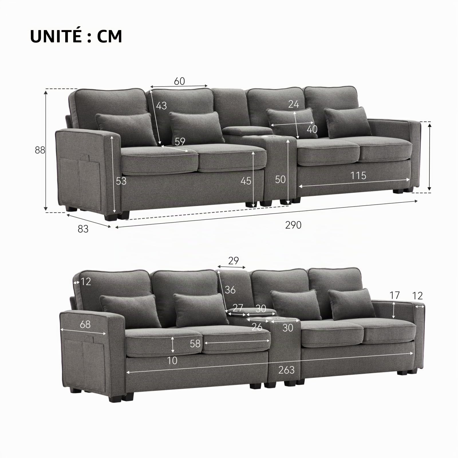 KOMHTOM Canapé Beige/Gris avec Coussins Canapé 4 Places avec Rangement, Grand canapé avec Porte-gobelet et Port de Charge Meubles de Salon (Gris foncé)
