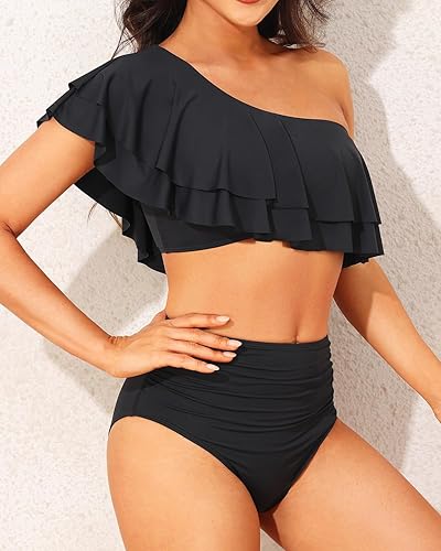 Miniatura 5 de Tempt Me Women Two Piece High Waisted Bikini Set Swimsuit One Shoulder Ruffle Bathing Suits Tummy Control Ruched Swimwear