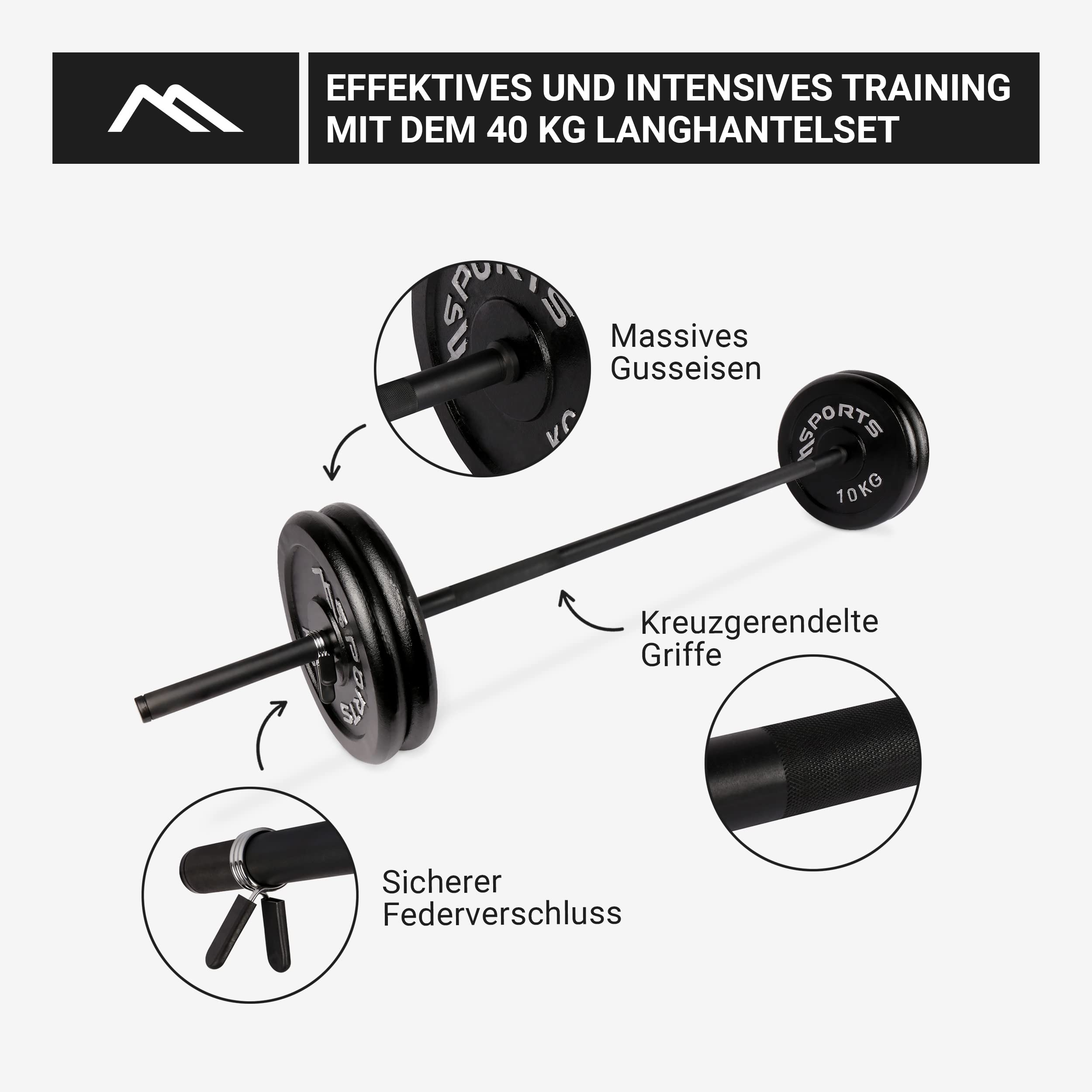Sztanga długa z zapięciem sprężynowym + odlew 20, 30, 40 lub 60 kg – talerze do sztangi długie (sztanga długa + 40 kg)
