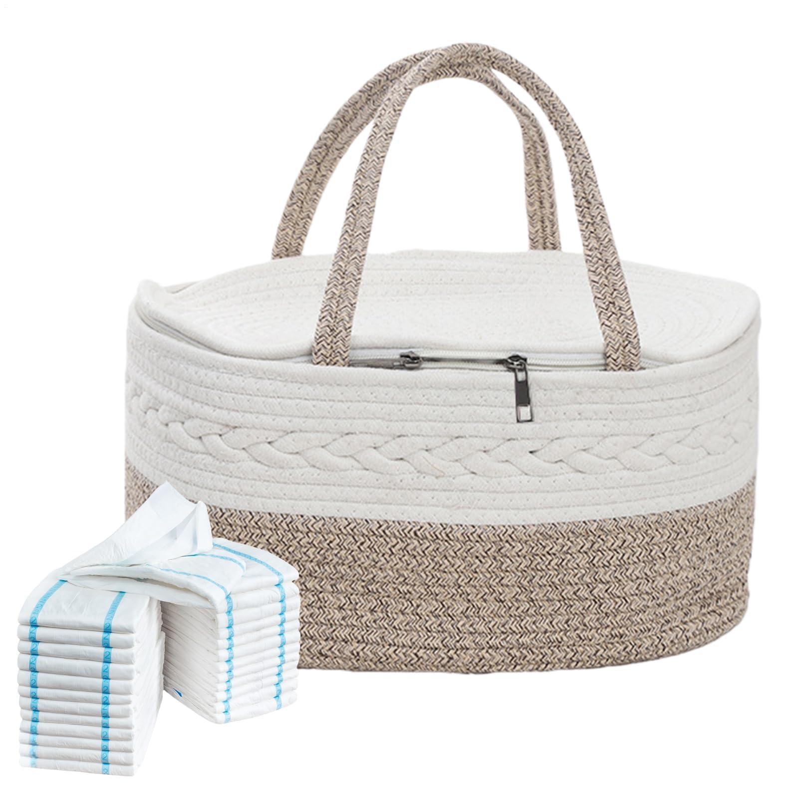 Cesta organizadora de pañales, cuerda de algodón con tapa con cremallera, cesta de guardería de gran capacidad con compartimentos intercambiables, diseño portátil, 37 x 26 x 18,5 cm