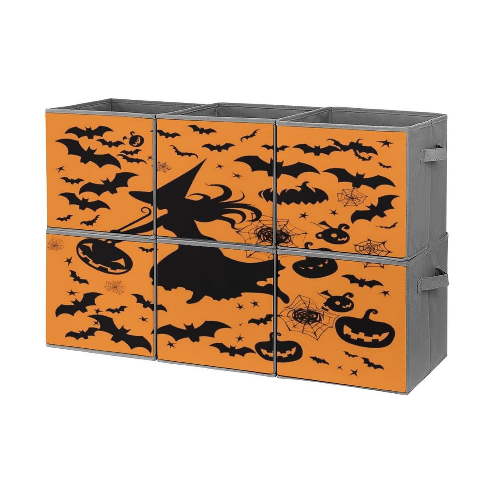Btcowzrv Style Halloween Witch Flying Storage Cubes, 6 Pack Oxford Fabric Foldable Collapsible Bins With Handles, Cubby Storage Baskets Boxes For Closet Shelves Office Organization