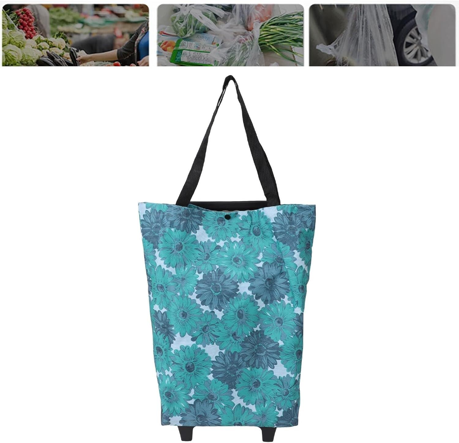 Mobile Tool Trolley Blue Daisy Pattern Shopping Cart, Portable Handcart Bag, Foldable and Lightweight