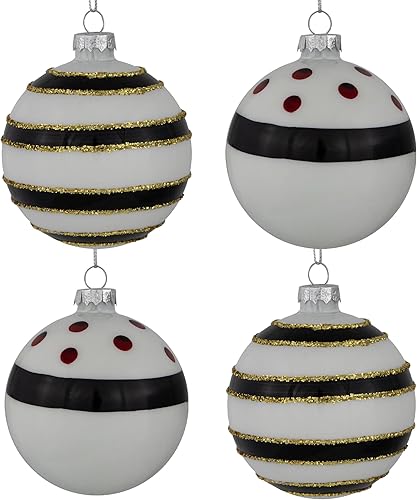 Northlight Adornos de bola de cristal de Navidad a rayas con acabado brillante, 3 pulgadas (3.150 in), blanco y negro, juego de 4