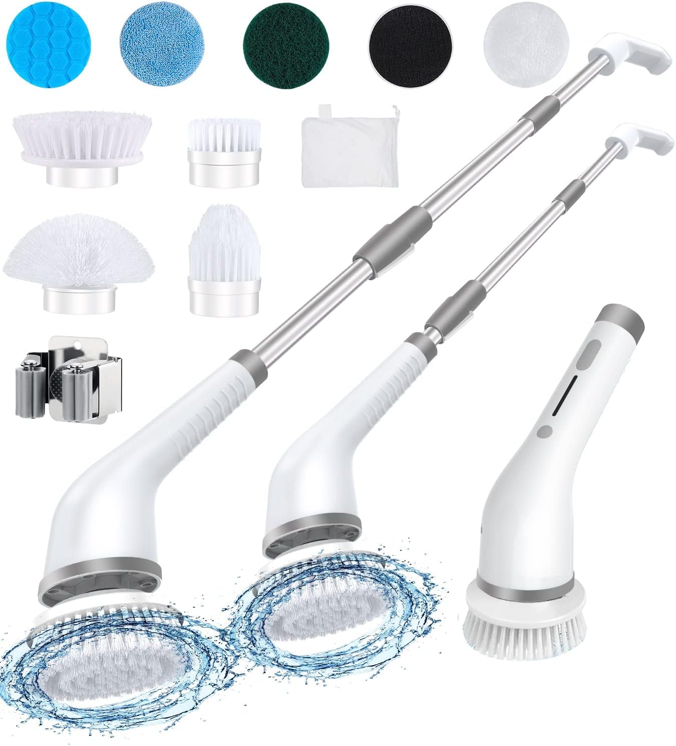 Electric Spin Scrubber - Cordless Shower Cleaning Brush with 8 Replaceable Heads - 2 Speeds & Extension Handle - Power Scrubber for Bathroom, Tile, Shower, Grout, Tub - Includes Hooks and Storage Bag