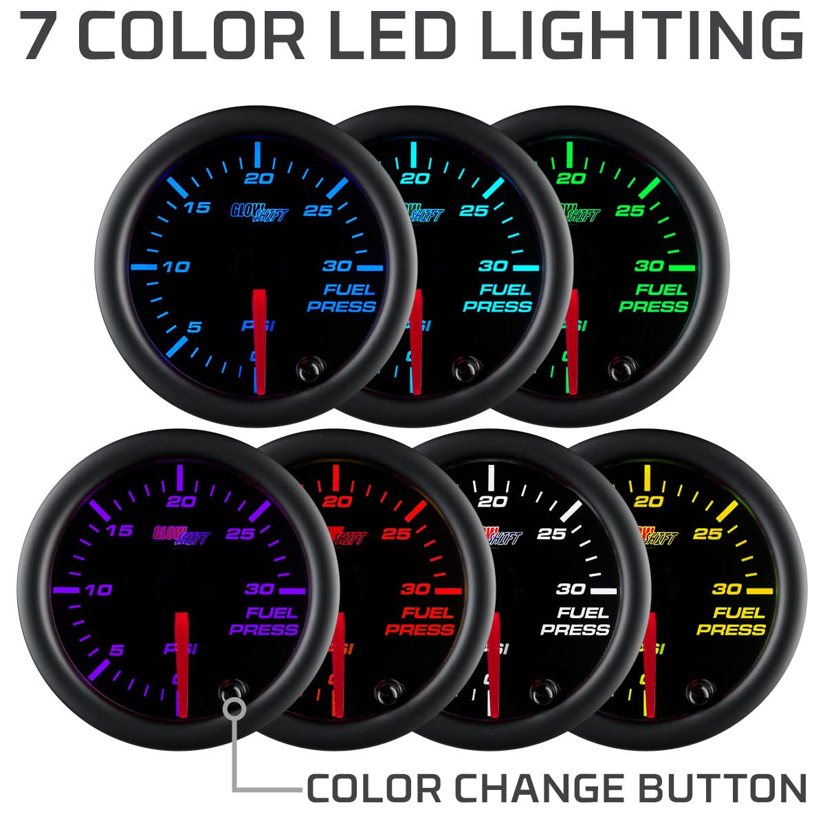 GlowShift Medidor de presión de combustible negro de 7 colores, 30 PSI. GlowShift