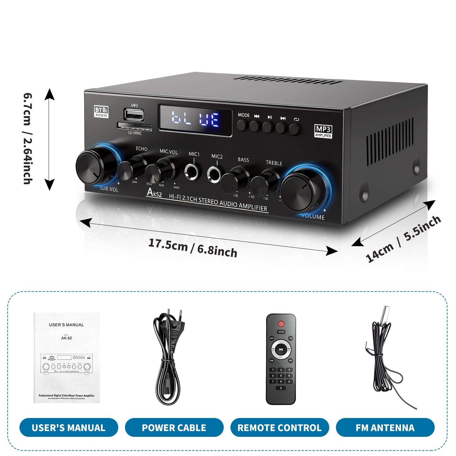 Amplificateur 1000 W, 2.1 canaux, Bluetooth 5.3 avec subwoofer