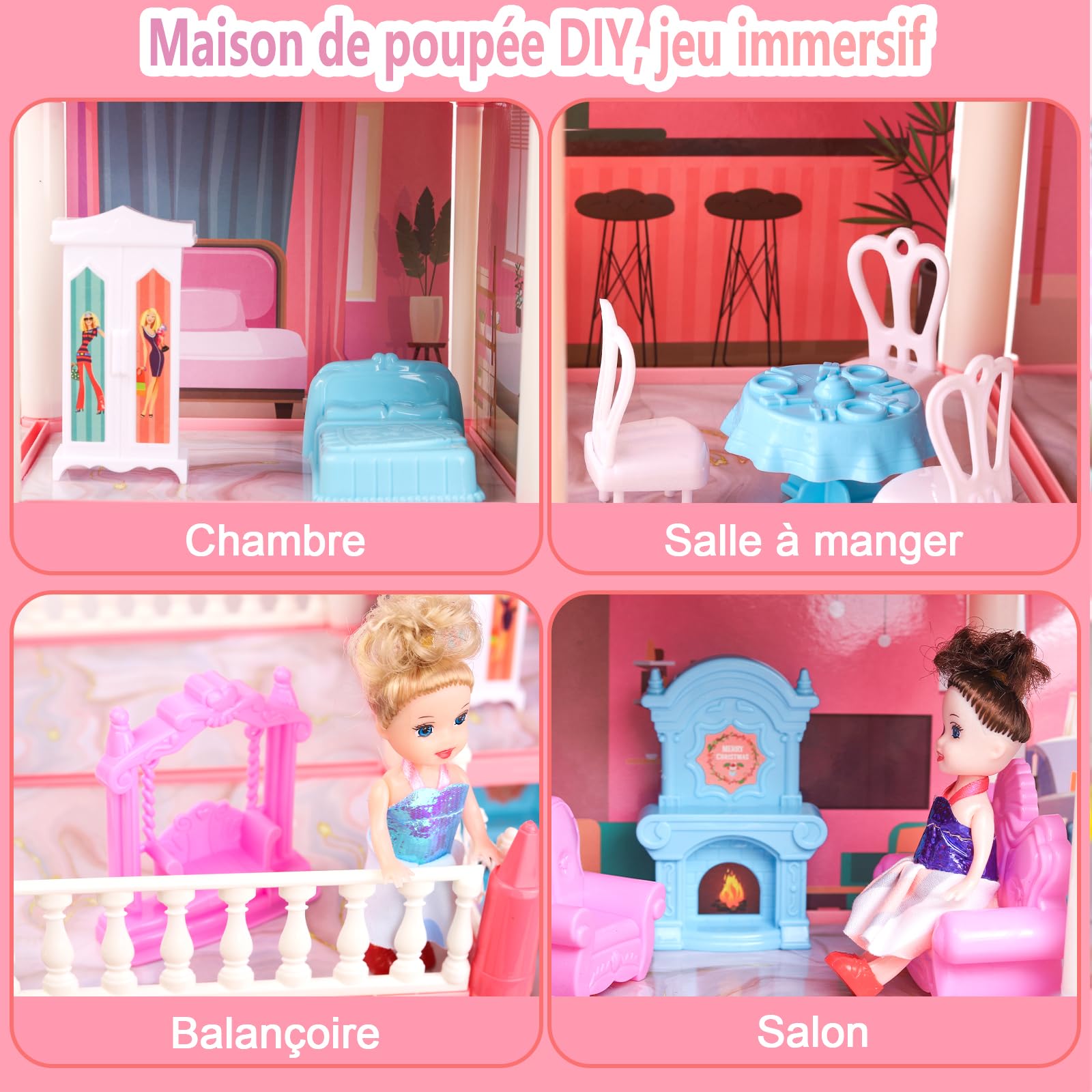 Maison de poupée pour filles avec lumière, tapis de jeu, poupées et meubles pour enfants de 3 à 8 ans