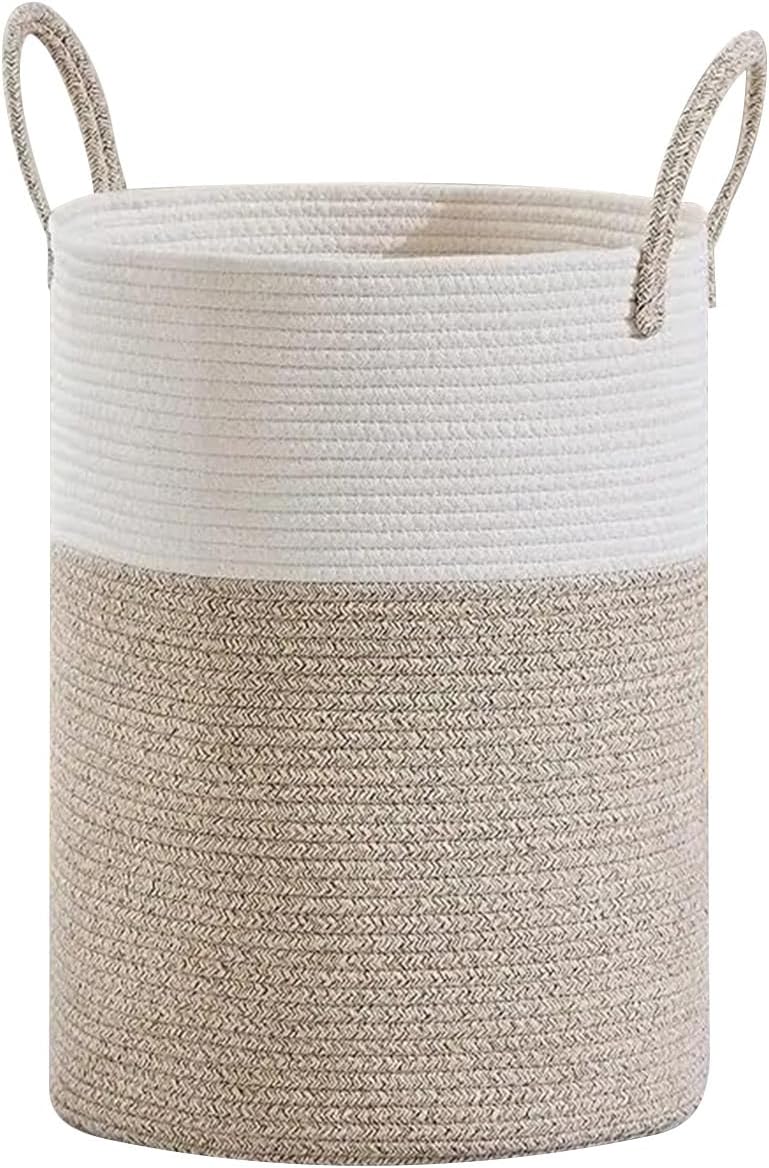 52L Large Rope Woven Storage Basket, 15x18in Cotton Laundry Hamper with Soft Handles for Living Room Bedroom Home Organization, Brown White