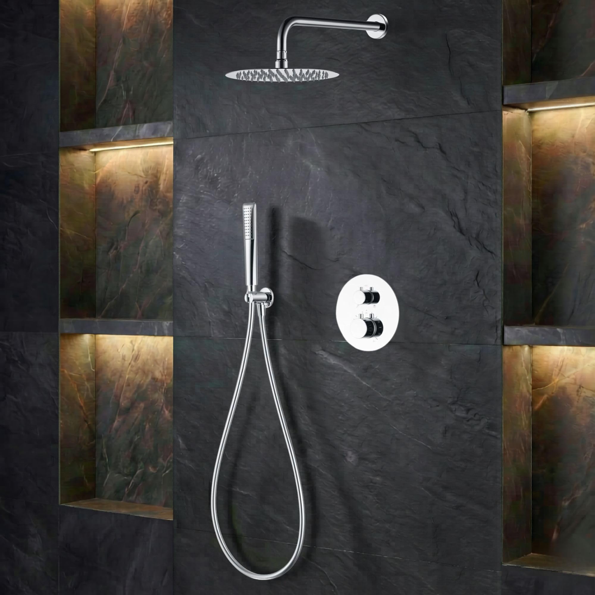 IMEX - Ducha Empotrada Termostática Cromada | Conjunto de Grifería Empotrado con Alcachofa y Rociador Antical Efecto Lluvia | Ducha Empotrada con Grifo en Latón y Acero Inox S.304 | Serie Nápoles