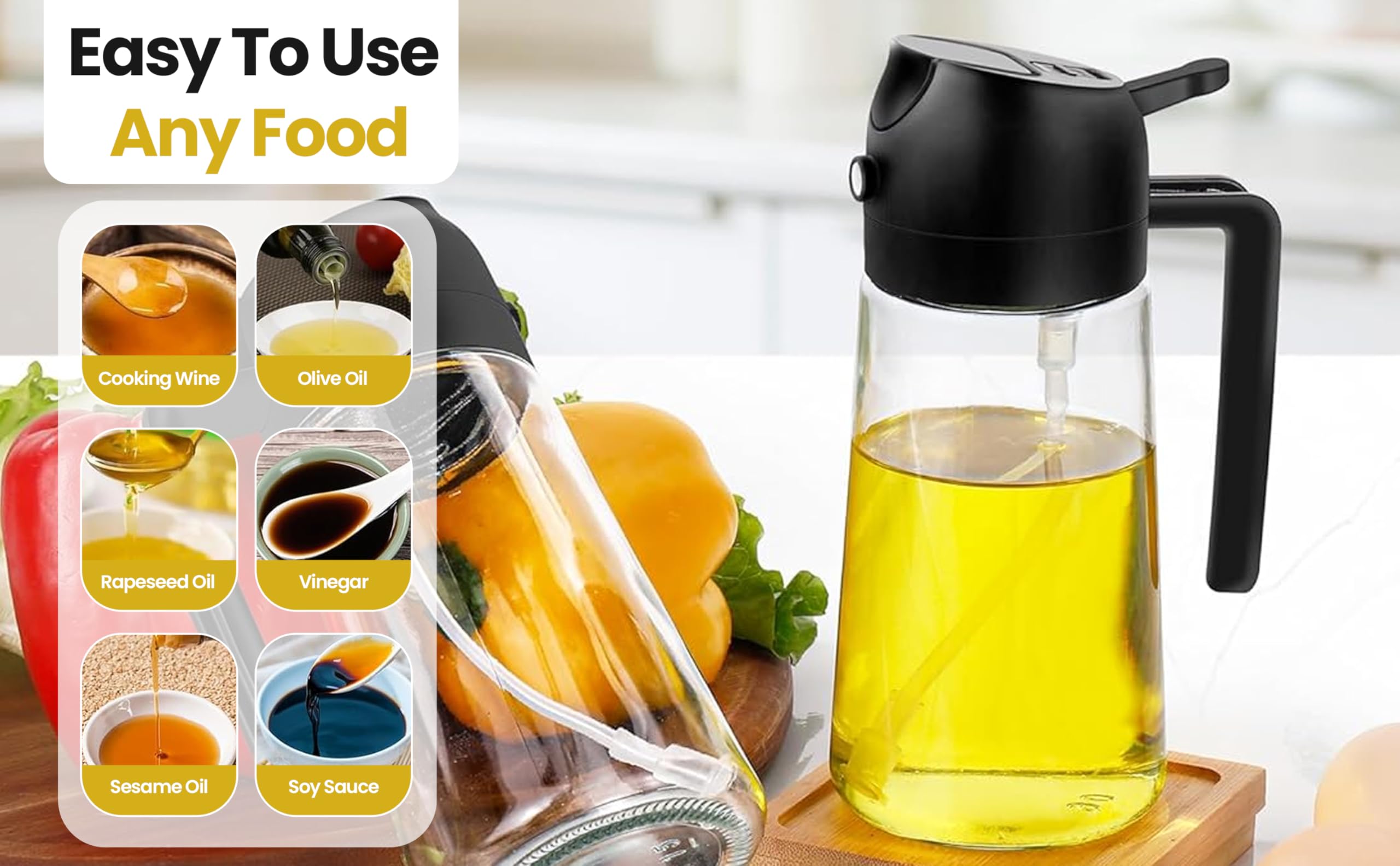 Pulverizador de aceite para cocinar: botella pulverizadora de aceite 2 en 1, dispensador de aceite de oliva de vidrio premium para cocina con cepillo, botella dispensadora de aceite de 16