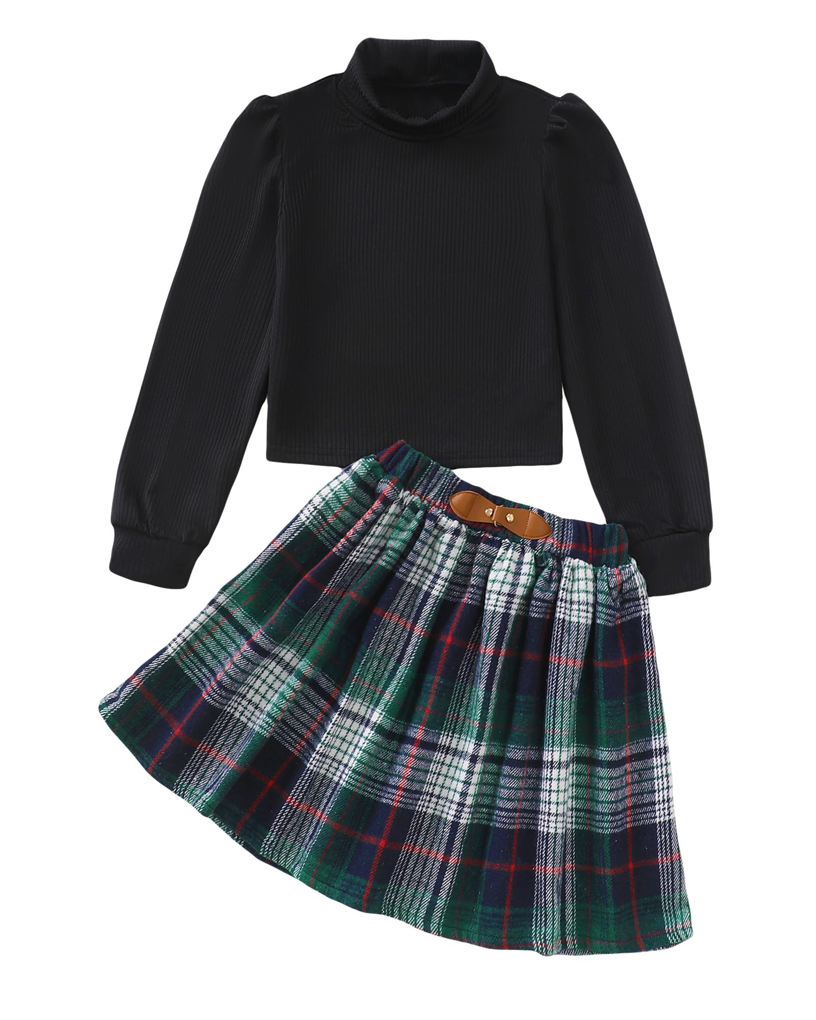 YOURUIKEY Girls Skirt Sets 2 Piece Outfits Long Sleeve Puff Mock Neck Tops and Plaid Skirts Fall Winter Clothes Size 6-14Y